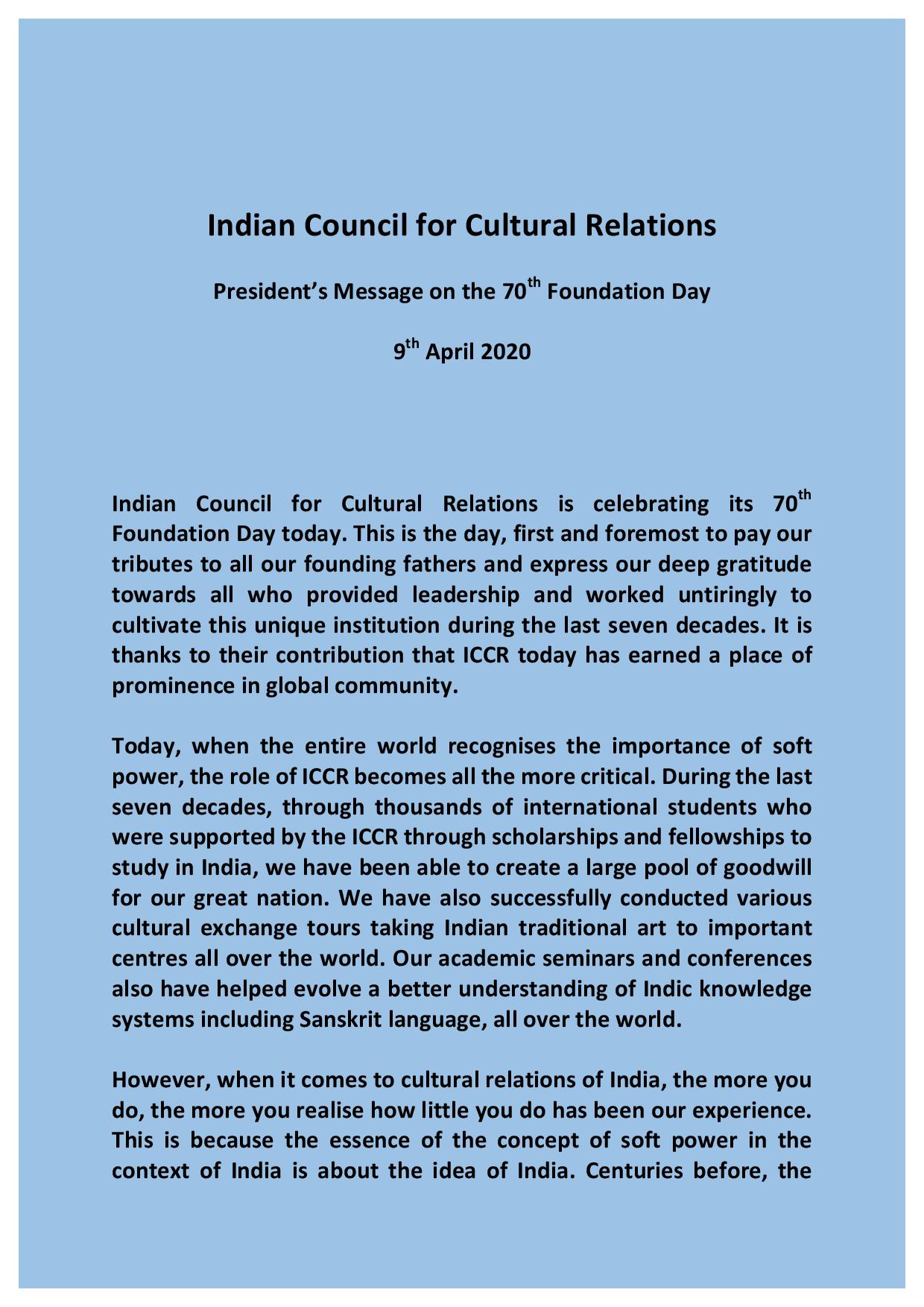 ICCR President Message