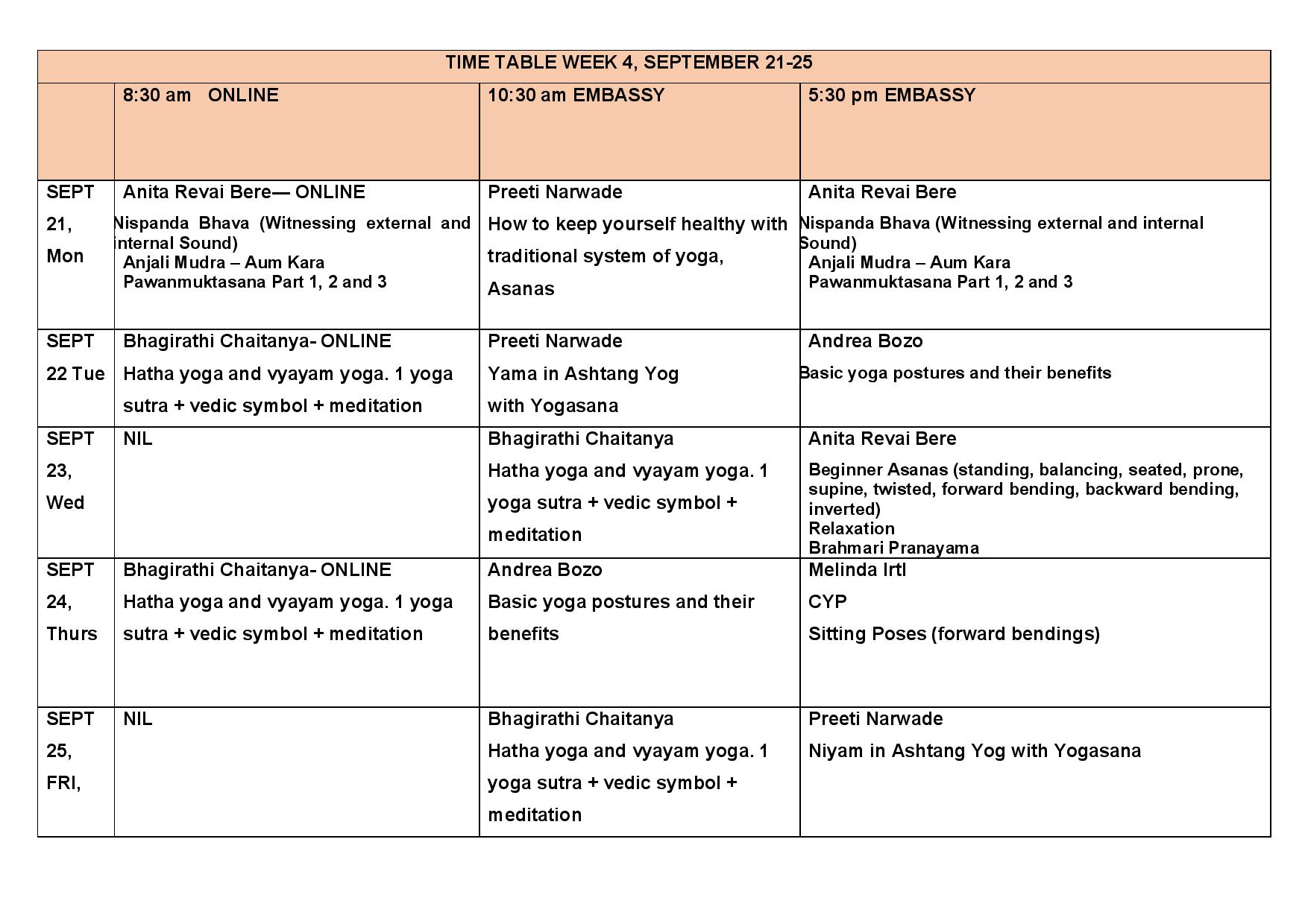 YOGA TIME TABLE SEPTEMBER 21-25
