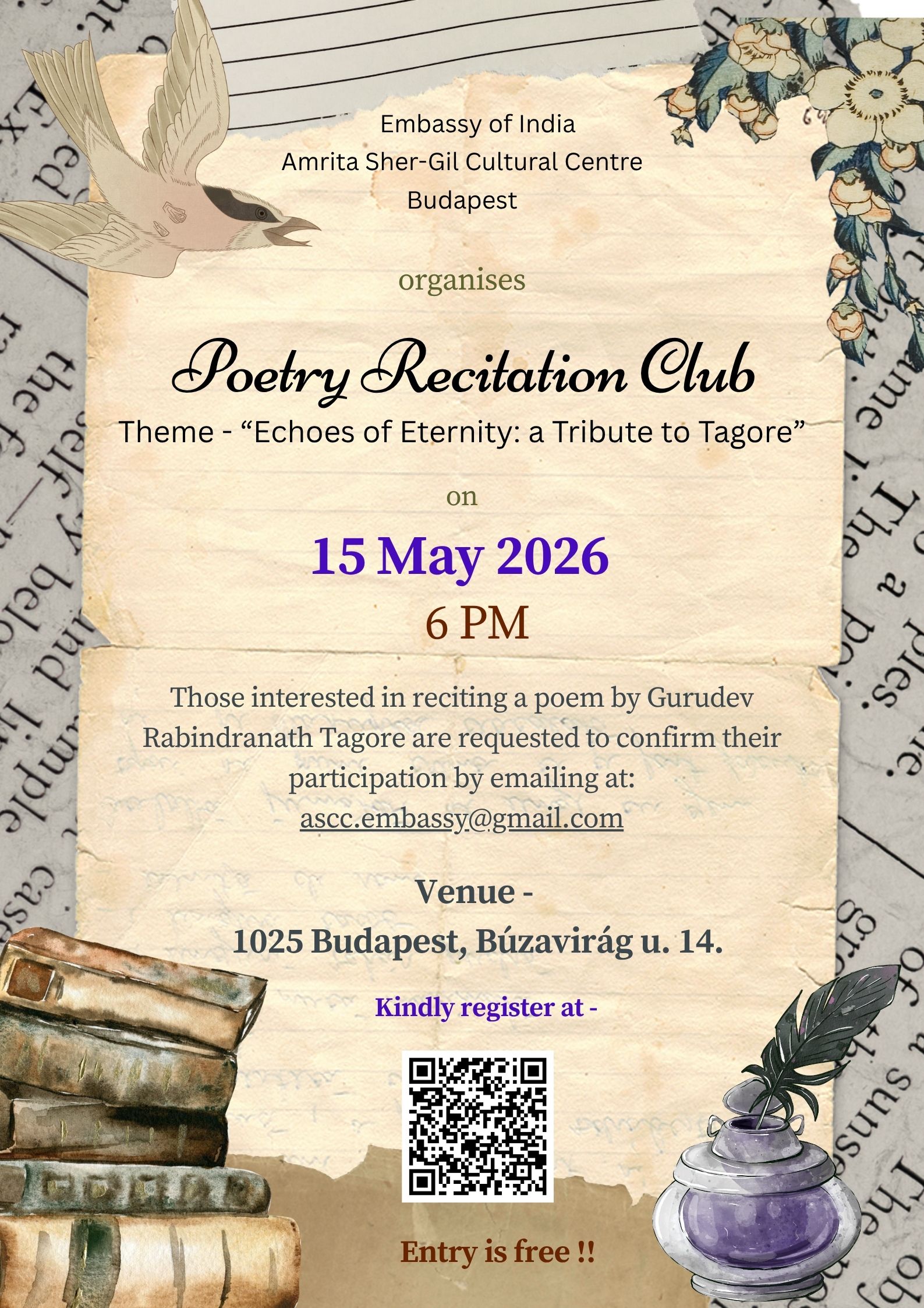 Poetry Evening: "Echoes of Eternity: A Tribute to Tagore" / Költészeti Est: "Az Öröklét Visszhangja - Tagorera emlékezünk"
