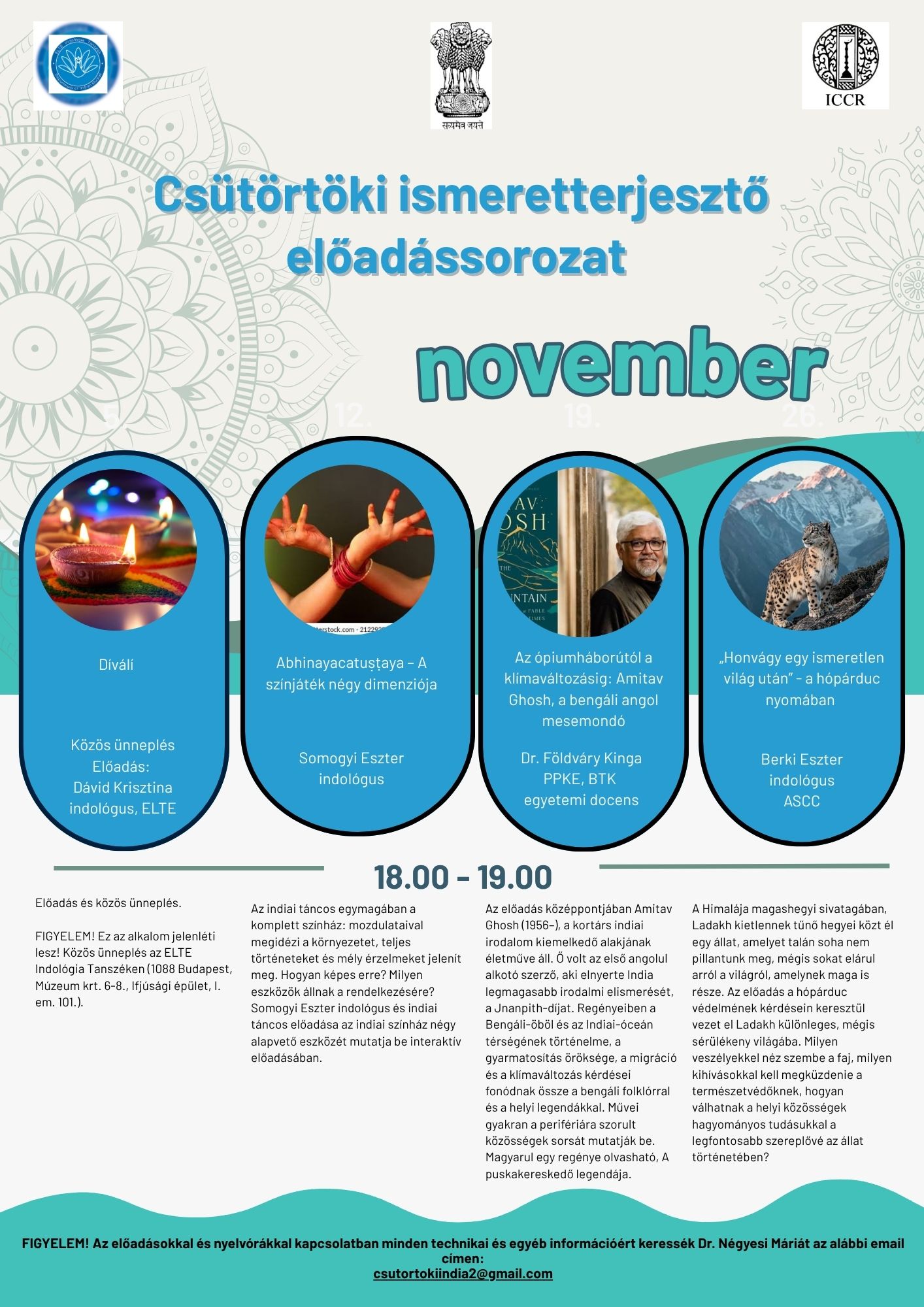 Csütörtöki ismeretterjesztő előadássorozat Indiáról /  novemberi program