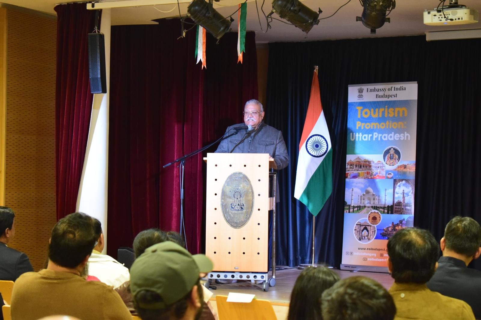 At a community reception held at  Embassy of India in Budapest, Hon’ble Speaker of Uttar Pradesh Legislative Assembly Shri Satish Mahana and Hon’ble Chairman of UP Legislative Council  Shri Kunwar Manvendra Singh interacted with the vibrant  Indian community members.
