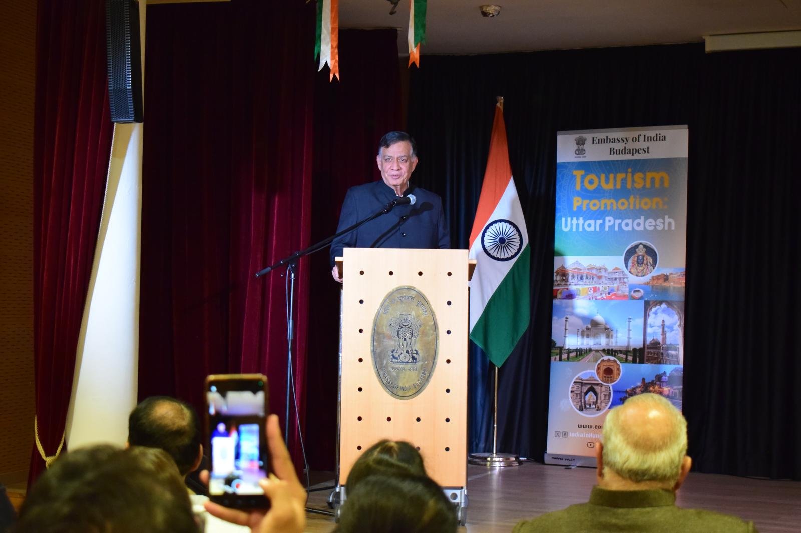 At a community reception held at  Embassy of India in Budapest, Hon’ble Speaker of Uttar Pradesh Legislative Assembly Shri Satish Mahana and Hon’ble Chairman of UP Legislative Council  Shri Kunwar Manvendra Singh interacted with the vibrant  Indian community members.