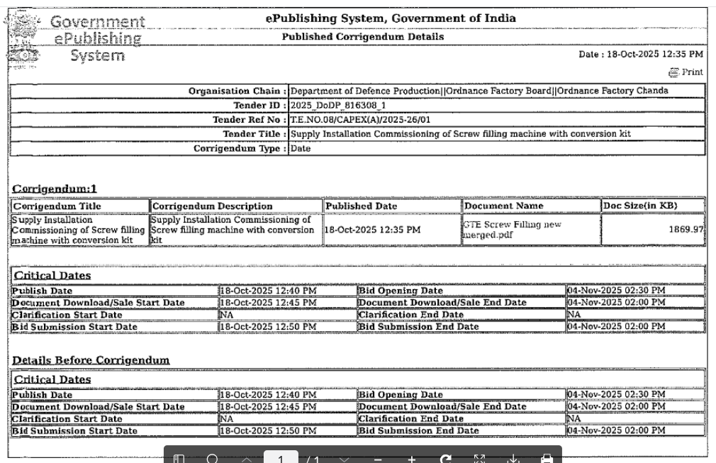 Tender: Ordnance Factory Chadha: Screw Filling Machine with conversion kit