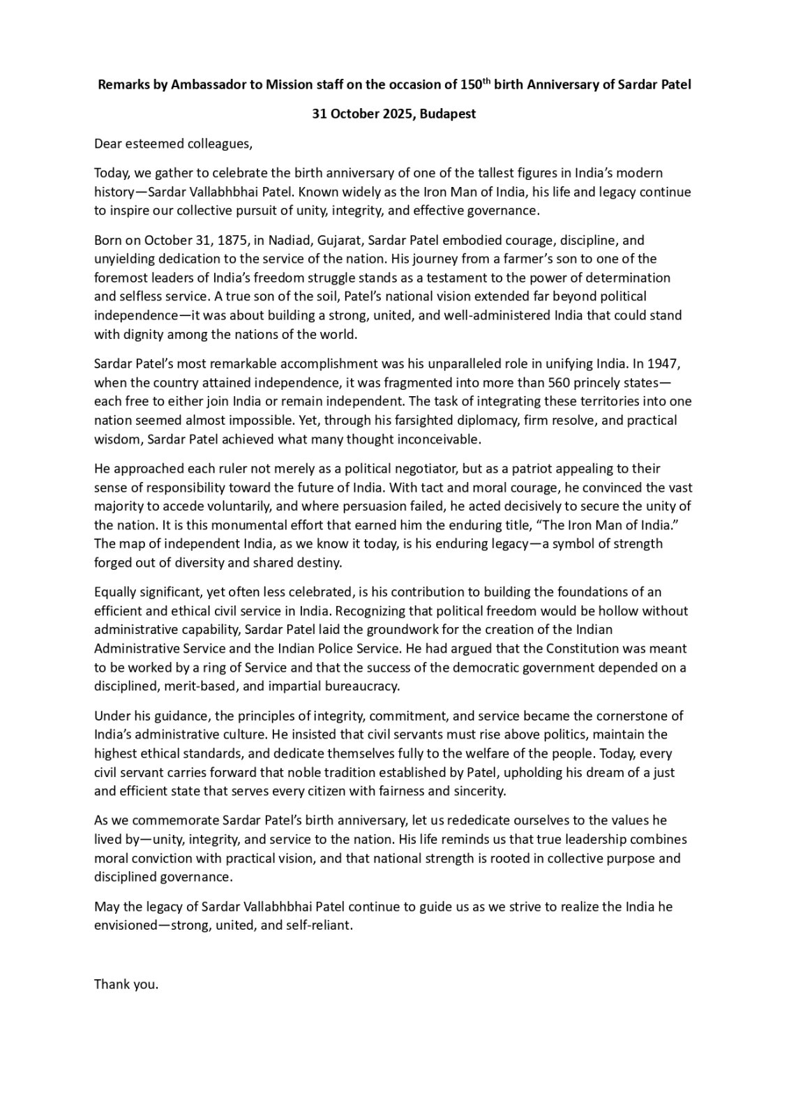 H.E Anshuman Gaur's speech on celebration of 150th Birth anniversary of Sardar Vallabhai Patel in Embassy