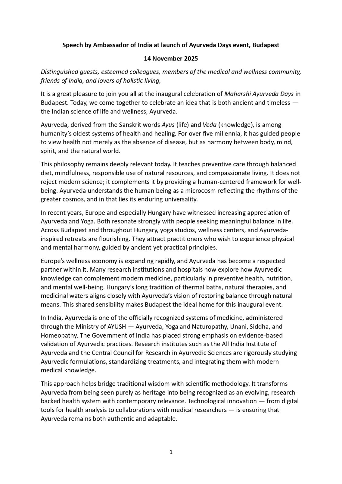 Speech by Ambassador at the Maharishi Ayurveda Day on the 14th of November, 2025.