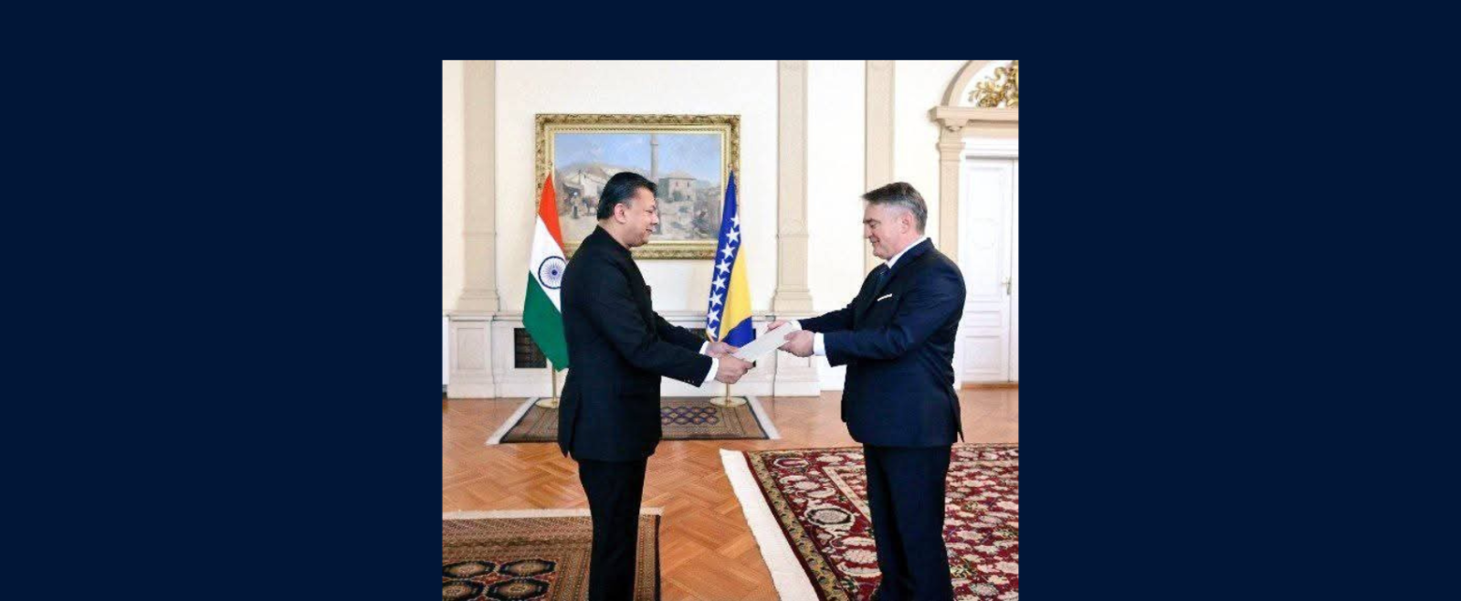 H.E. Shri Anshuman Gaur, Ambassador, presented his credentials to H.E. Željko Komšić, Chairman of the Presidency of Bosnia and Herzegovina, during a ceremonial event held in Sarajevo.
