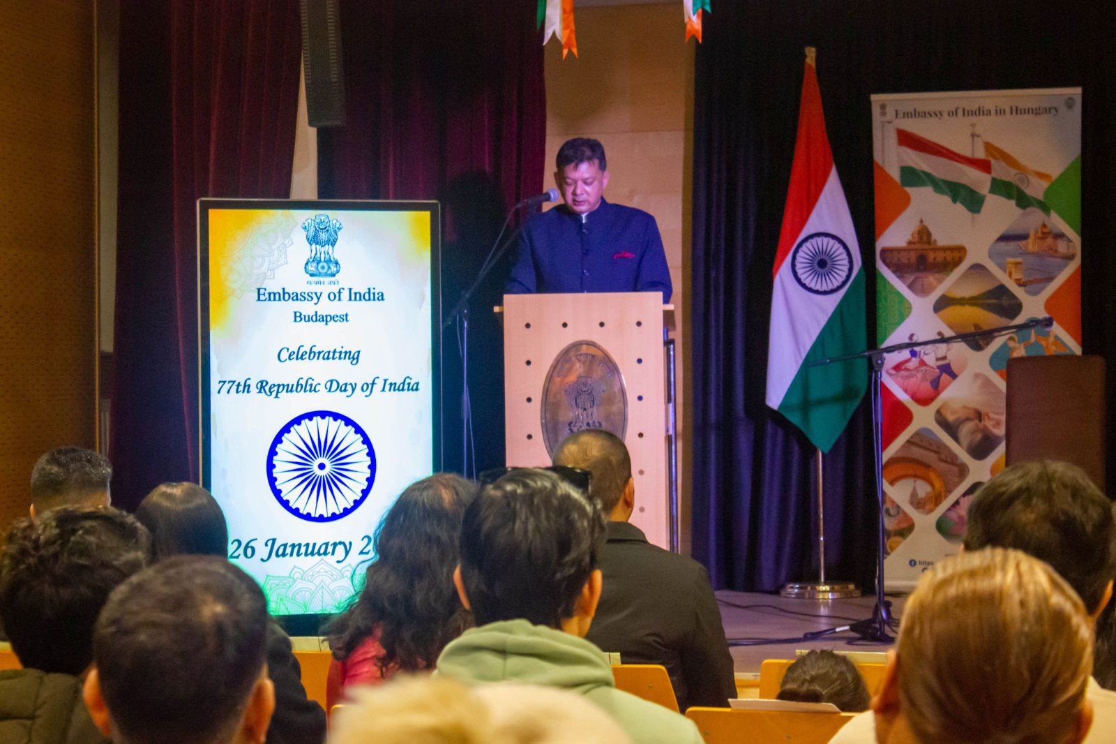 The Embassy of India in Budapest celebrated the 77th Republic Day of India at the Embassy premises on 26 January 2026 with grace and enthusiasm.  The National Flag was unfurled by Ambassador Shri Anshuman Gaur, followed by the singing of the National Anthem. The Ambassador read excerpts of the Address to the Nation delivered by the Hon’ble President of India before the gathering comprising members of Indian diaspora as well as distinguished friends of India.  He also extended his warm greetings and best wishes to the Indian community, underscoring the historical importance and constitutional significance of Republic Day and India’s enduring values of democracy, unity, and sovereignty.
